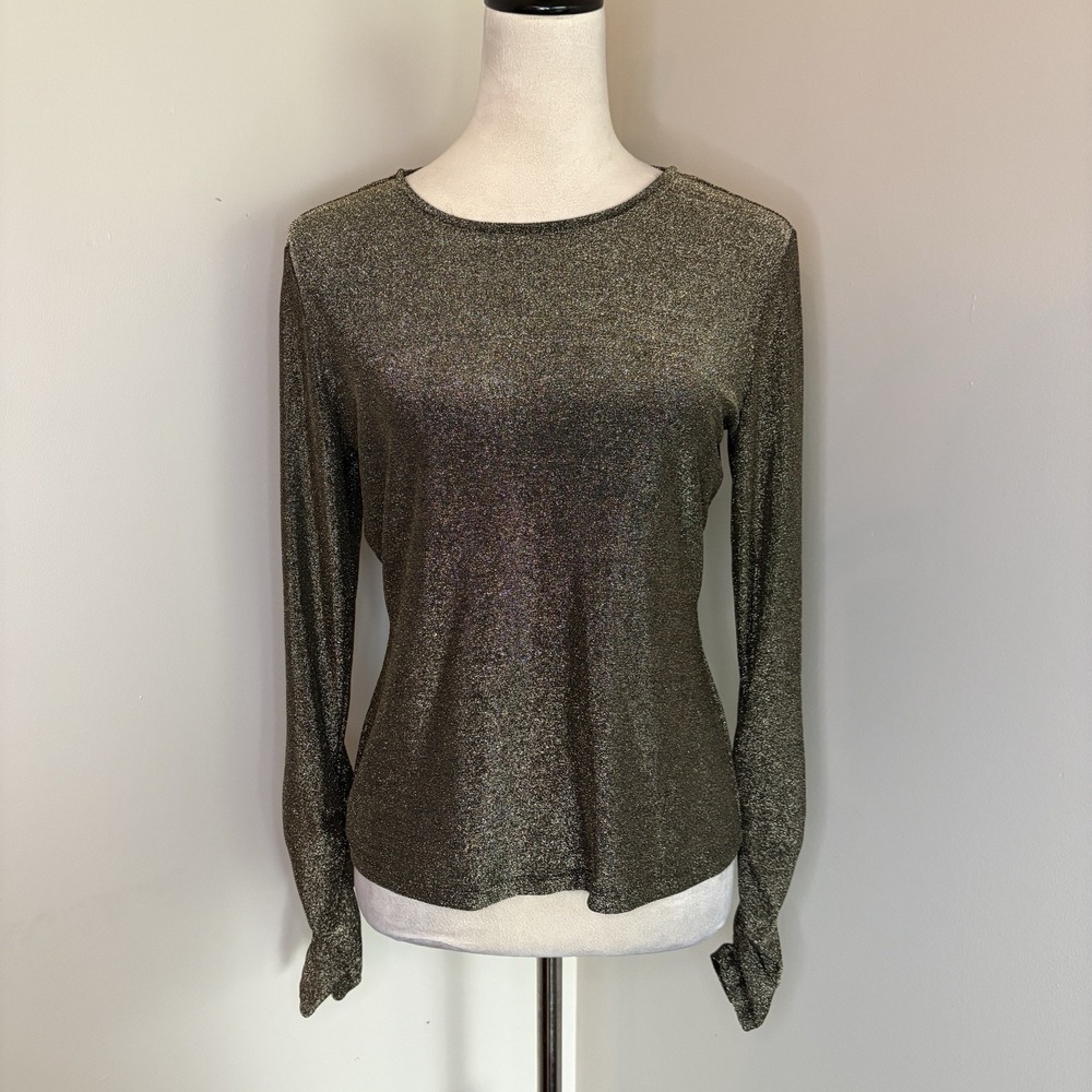 Lini Anna Metallic Knit Top Womens Medium Black Gold Long Sleeve Crew Neck EUC M